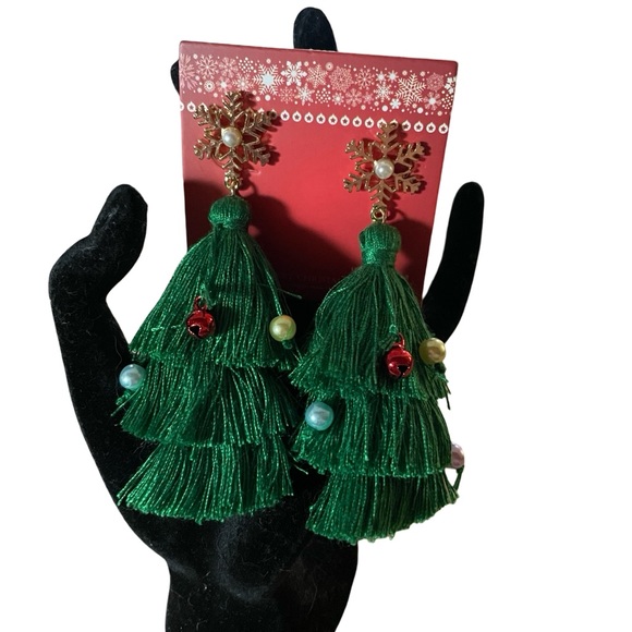Unbranded Christmas Tree Tassel Beaded Earrings gold green blue red faux pearl - Picture 7 of 13